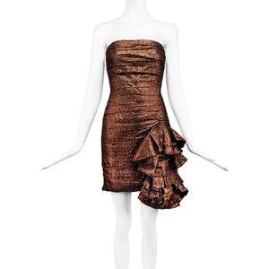 BRONZE BROWN COPPER GLITTER LUREX BANDEAU MINI DRESS WITH RUFFLE DETAIL